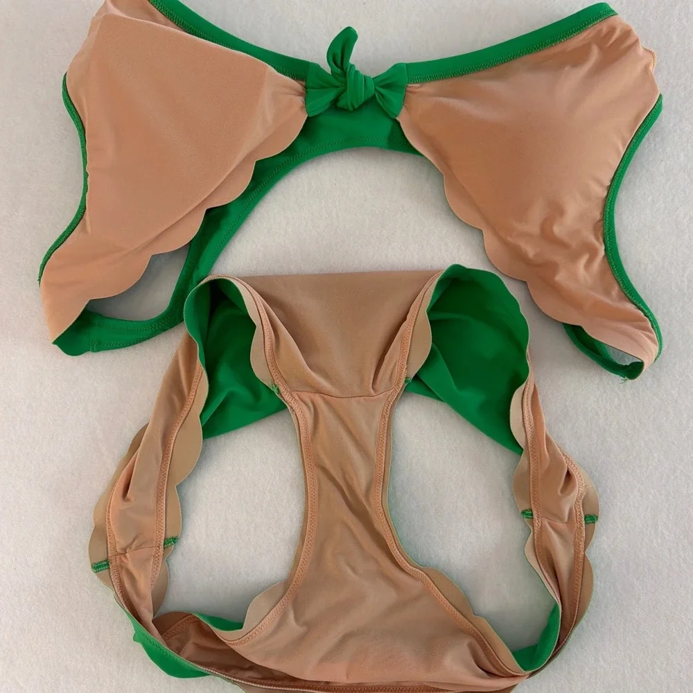 J.Crew Green Scalloped Front Tie Bikini Set Two Piece Swimsuit Large